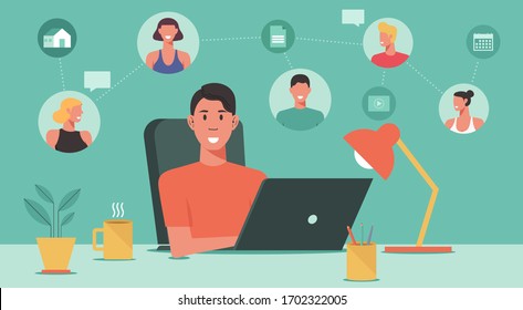 people working online and connecting together on laptop computer, remote working, work from home and work from anywhere concept, flat vector illustration