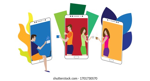 People working online with a laptop and smart phone at home illustration. Social distancing and self-isolation during corona virus quarantine. Vector illustration