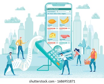People Working for Online Market. Character Carrying Credit Card, Basket with Product. Mobile Phone App with Lemon, Banana, Cheese and Sausage on Screen. Man Printing Receipt Vector Illustration.