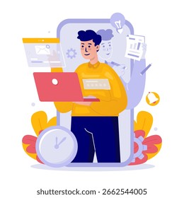 Pessoas trabalhando em multitarefas online. Um homem com notebook significa produtividade de um funcionário remoto. Ilustração vetorial