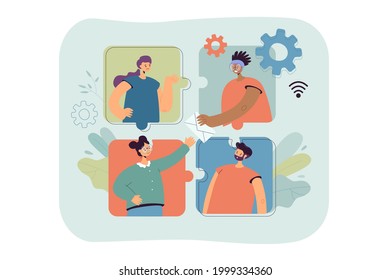 Gente trabajando en equipo en línea. Ilustración vectorial plana. Rompecabezas de las personas que se comunican en grupo vía Internet, enviándose mensajes entre ellos, haciendo llamadas grupales. Trabajo en equipo, tecnología, concepto de medios