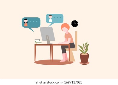 People working online, Work From Home (WFH). Remote Meeting or Conference During Coronavirus COVID-19 Pandemic Outbrake. Social Distancing Concept. Character Cartoon Flat Vector Illustration.