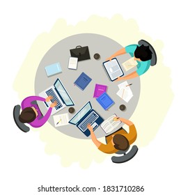 People working in open workspace. Men and woman studying at desk with laptops and books in university campus, cafe or office workplace. Business interior design vector illustration.