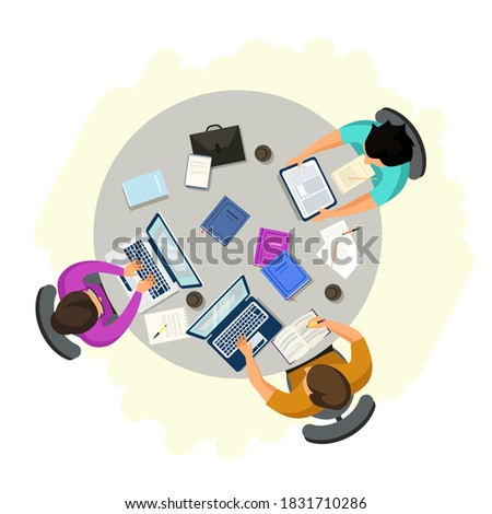 People working in open workspace. Men and woman studying at desk with laptops and books in university campus, cafe or office workplace. Business interior design vector illustration.