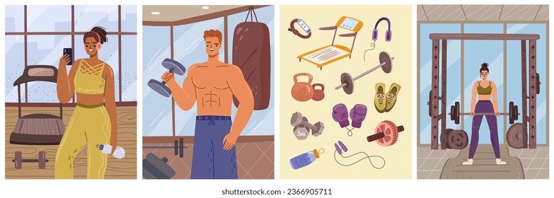 People working out and exercise in gym. Man and woman personages taking selfie in mirror and lifting dumbbells. Sports equipment and inventory. Vector illustration in flat cartoon style