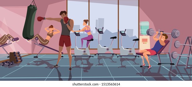 People working out in gym flat vector illustration. Men and women in sportswear cartoon characters. Bodybuilding, healthy lifestyle activities. Physical training in fitness center, sport club