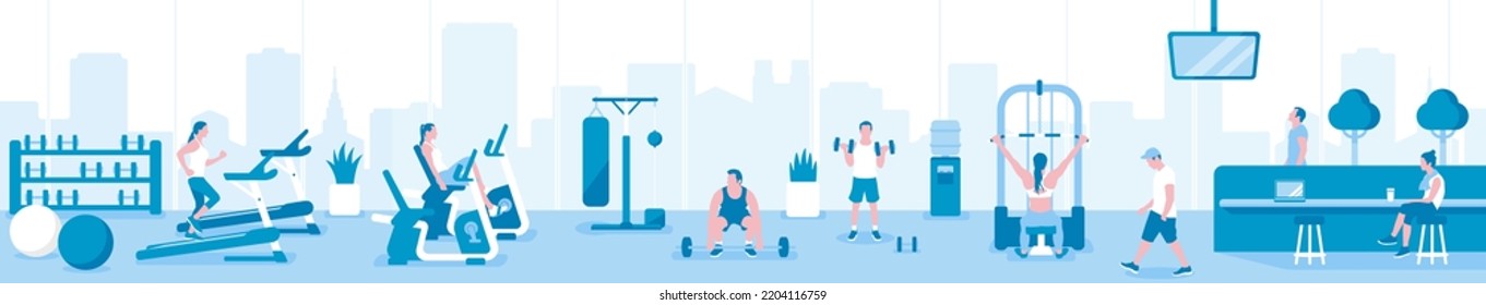 People working out at the gym.  Horizontal vector  banner illustration.