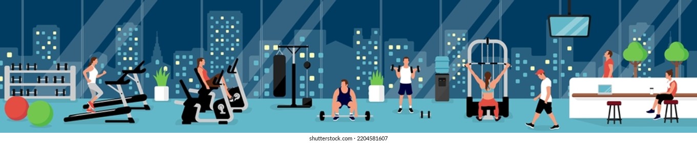 People working out at the gym.  Horizontal vector  banner illustration.