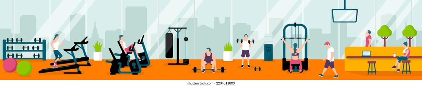 Gente haciendo ejercicio en el gimnasio.  Ilustración horizontal vectorial de banner.