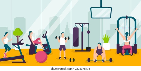 People working out at the gym.  Horizontal vector  banner illustration.