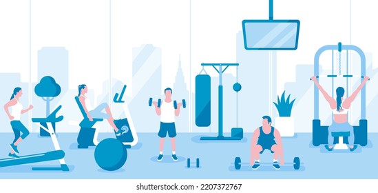 People working out at the gym.  Horizontal vector  banner illustration.