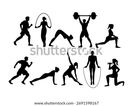 people working out silhouette set for gym fitness, men and women running, jump rope, weightlifting, stretching. front and side view, black shadow elevation. illustration isolated on white background.