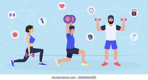 People working out using dumbbells and kettlebell, promoting exercise, healthy lifestyle, body care and wellness