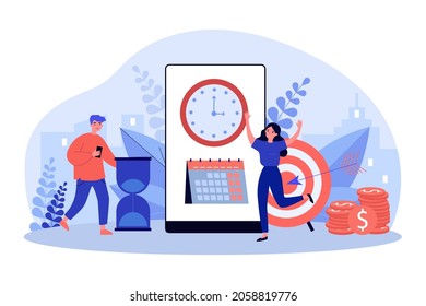 Gente trabajando con horario de planificación. Pequeños hombres y mujeres programando tareas en la ilustración plana del vector del calendario empresarial. Concepto de gestión del tiempo para banner, diseño de sitios web o página web de aterrizaje