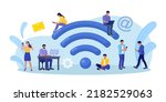 People working with portable devices near big wifi sign in free internet zone. Public free wi-fi hotspot, wireless connection. Characters surfing internet. Technology globalization and reachability