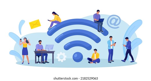 People working with portable devices near big wifi sign in free internet zone. Public free wi-fi hotspot, wireless connection. Characters surfing internet. Technology globalization and reachability