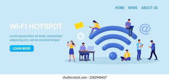 People working with portable devices near big wifi sign in free internet zone. Public free wi-fi hotspot, wireless connection. Characters surfing internet. Technology globalization and reachability