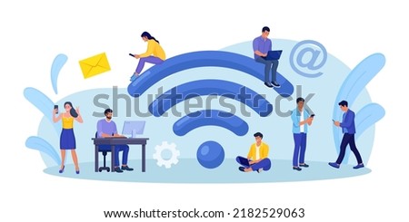 People working with portable devices near big wifi sign in free internet zone. Public free wi-fi hotspot, wireless connection. Characters surfing internet. Technology globalization and reachability