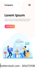Personas trabajando en la ilustración de vector plana de oficina de correos. Concepto de servicio de envío y entrega. Ciclo de entrega de correo y paquetes. Proceso de trabajo dentro de la vista.