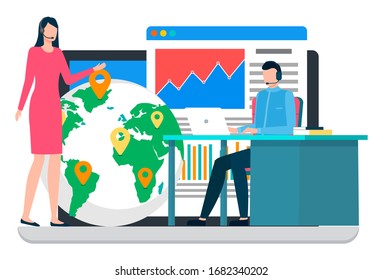 People working at postal office. Man and manager talking about work. Pointer show location on world map for delivery, worldwide transportation. Data graph and diagram on web page. Vector illustration