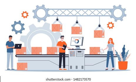 People working at the production line. Conveyor in the factory. Automatic machine, package on the line. Isolated flat illustration vector