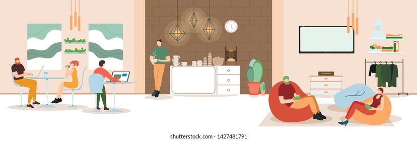 People Working, Relaxing, Drinking Coffee and Messaging with Gadgets in Coworking Area or Office. Teamwork Communication, Digital Technologies and Crowdsourcing People Cartoon Flat Vector Illustration