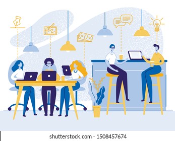 People Working, Relaxing, Drinking Coffee and Messaging with Gadgets in Coworking Area or Office. Teamwork Communication, Digital Technologies and Crowdsourcing People Cartoon Flat Vector Illustration