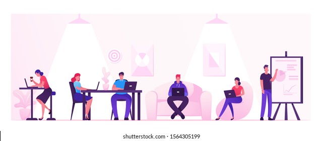 People Working Relaxing Drinking Coffee and Messaging with Gadgets in Coworking Area or Creative Office. Teamwork Communication, Digital Technologies and Crowdsourcing. Flat Vector Illustration