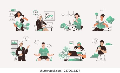 Gente trabajando y relajándose. Ilustraciones de puntos vectoriales aisladas en fondo blanco. Conjunto de dibujos animados para hombres y mujeres. Concepto de equilibrio entre el trabajo y la vida.