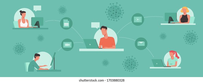 people working remotely together online while virus spreading, work from home on laptops computers and work from anywhere concept, flat vector illustration