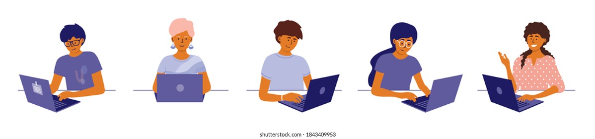 People working remotely using laptop. Man and woman work at home. Сoworking or networking. Online education by computer, e-learning. Students, office workers or freelancers. Vector illustrations set