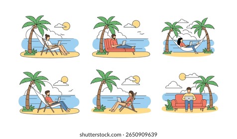 People working remotely while relaxing on a tropical beach paradise enjoying outdoor activities