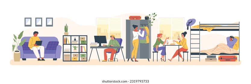 People working, resting and talking at hostel flat style, vector illustration isolated on white background. Room interior, place for temporary living, tourism and traveling