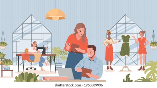 People working in sewing atelier vector flat illustration. Smiling managers, tailors, dressmakers making dresses, choosing textile for clothes. Sewing workshop or fashion sew studio interior design.
