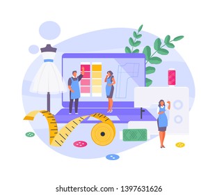 People working in a sewing studio. Sewing workshop concept. Vector illustration