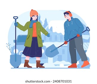 People working with shovels clearing snowdrift streets wearing winter clothes. Winter landscape with falling snowflakes, Vector illustration.