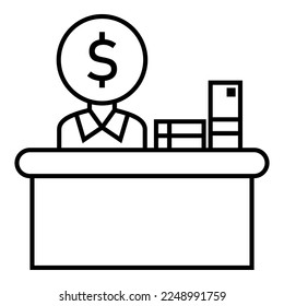 Menschen arbeiten, sitzen hinter dem Schreibtisch, Rezeption, Rezeptionist, professionell, Buchhaltung, mit Dollar-Logo Symbol Vektorgrafik Symbol.