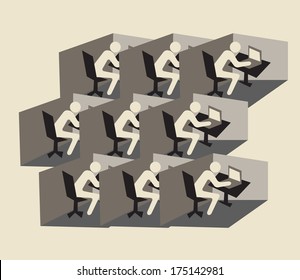 people working in small cubicles