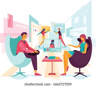 Personas que trabajan con dispositivos inteligentes. Ilustración vectorial plana moderna.