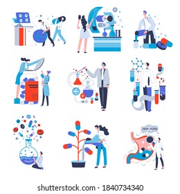 People working as specialist in pharmaceutical industry. Laboratory researches and experiments to produce new pills and products. Professional chemists in lab with tubes and substances vector