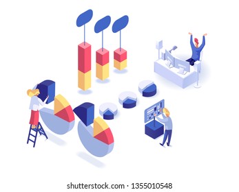 People working with statistic isometric vector illustration. Workers in the workplace analyze statistics. Analysis data and investment