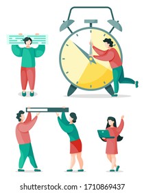 People working to stay within deadline. Workers holding folder, woman with laptop. Man stop time on clock, effective time manegemant. Consultant holds information block vector illustration flat style
