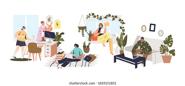 People working and studing from home. Young adults freelancers with laptops and comuters sitting on couch. Distance office or home education concept. Vector illustration