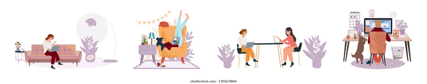 People working studying in comfortable conditions set vector flat illustration. Freelance people with computers at home in quarantine. Online shopping, education. Man and woman self employed concept