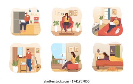 People working or studying at home. Freelance worker or student character in flat style illustration