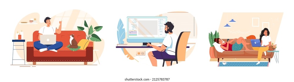 People working or studying remotely in comfortable conditions set vector flat illustration. Freelance people with laptops at home. Work or education online. Man and woman self employed concept.