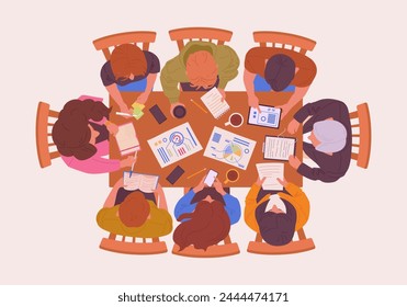 People working at table. Characters working top view, man and woman sitting around wooden desk view from above flat vector illustration. Teamwork or brainstorming process scene
