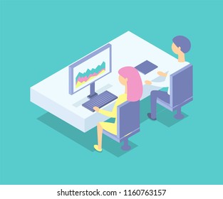 People working at table isolated icon vector cartoon banner. Man and woman sitting on armchair at desktop work on computer tablet, workplace concept