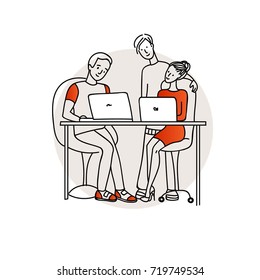 People working. Table, laptops, team. vector illustration.