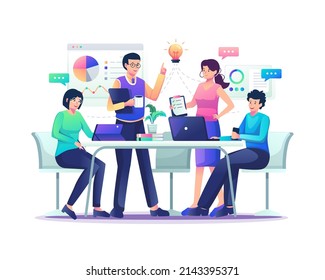 people working in a table meeting and the co-working shared space office. Teamwork, Business collaboration, and discussion. Flat style vector illustration